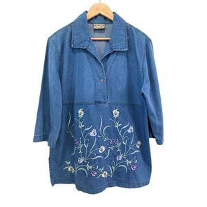 Vintage Monique Fashions Embroidered Denim Popover Top Size L Floral Teacher USA